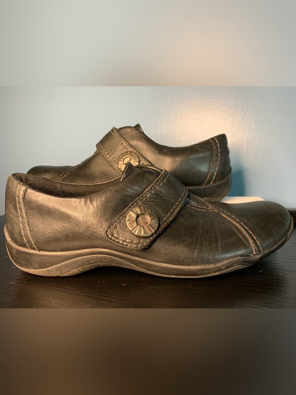 Clarks Black Leather Mary Jane Loafers with Decorative Button